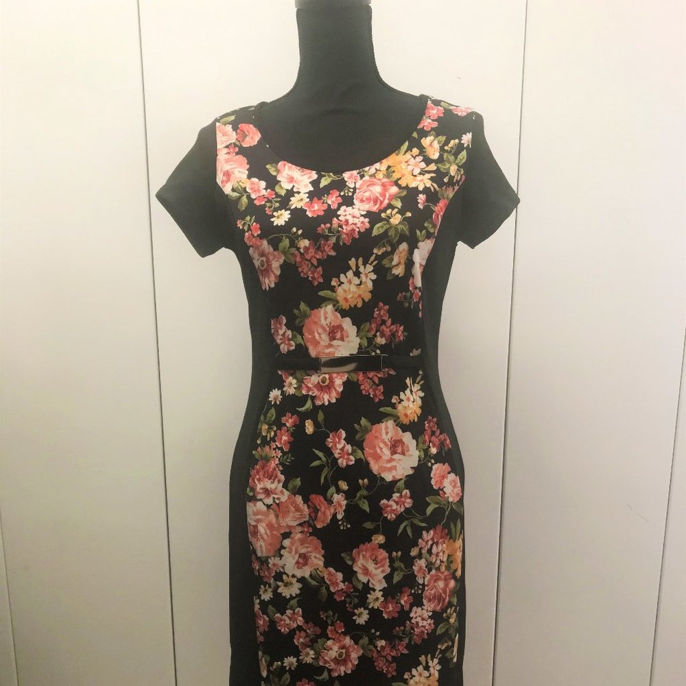 Floral Print Black Panels Midi